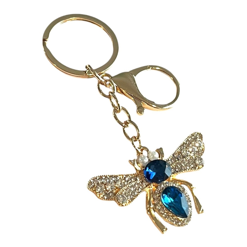 Women's Gold Tone Bee Key Chain Teal Rhinestone Pearl Charm Keychain 4"